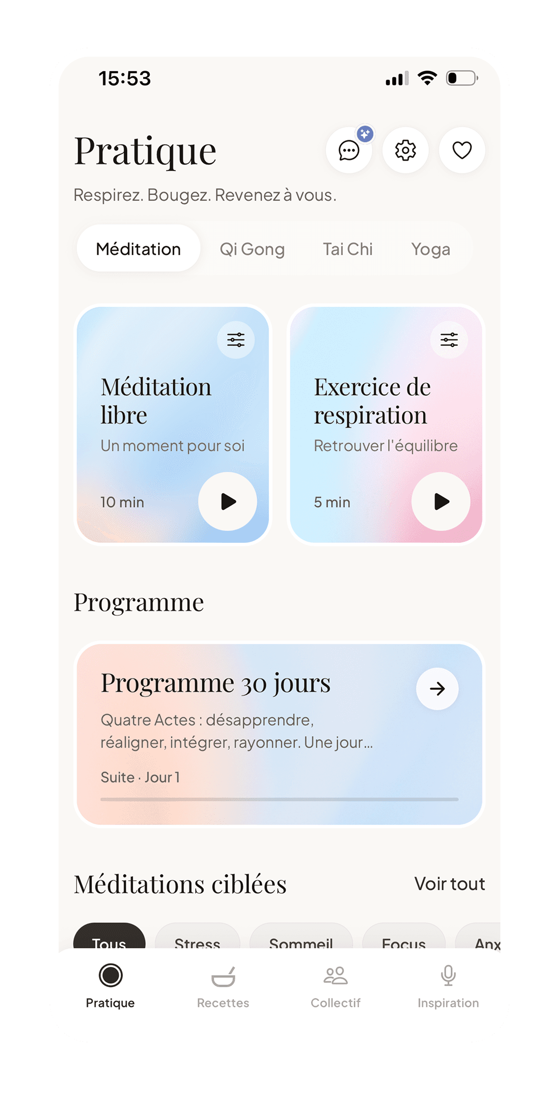 Écran Pratique de Point Zéro avec méditations, respiration et programme guidé