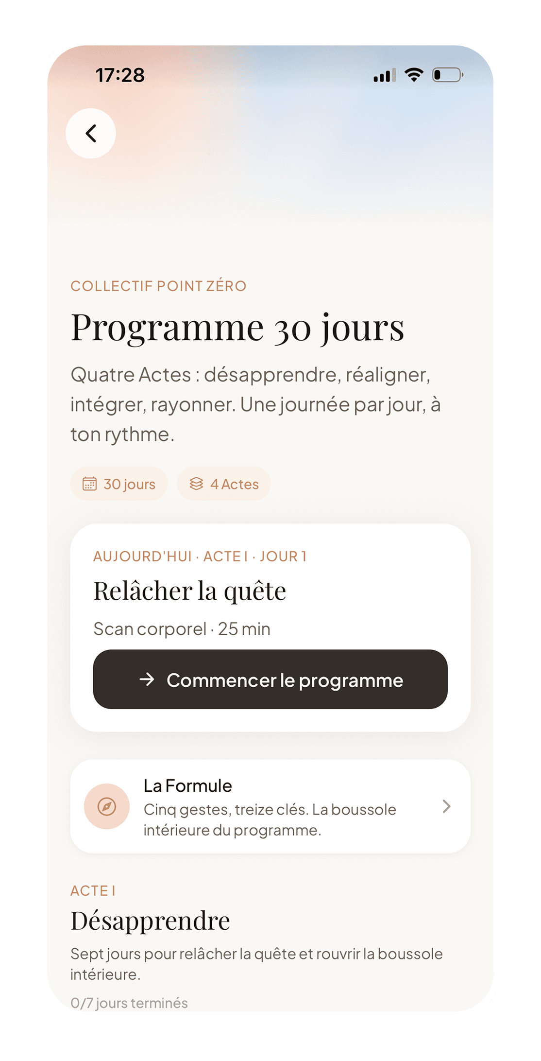 Écran du programme Point Zéro en 30 jours