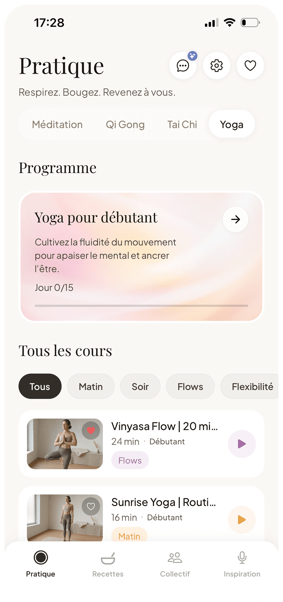 Écran des pratiques de yoga dans Point Zéro